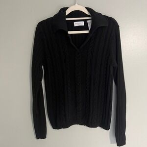 Villager Liz Claiborne Black Cable Knit Sweater Collared V-Neck Cotton Womens S
